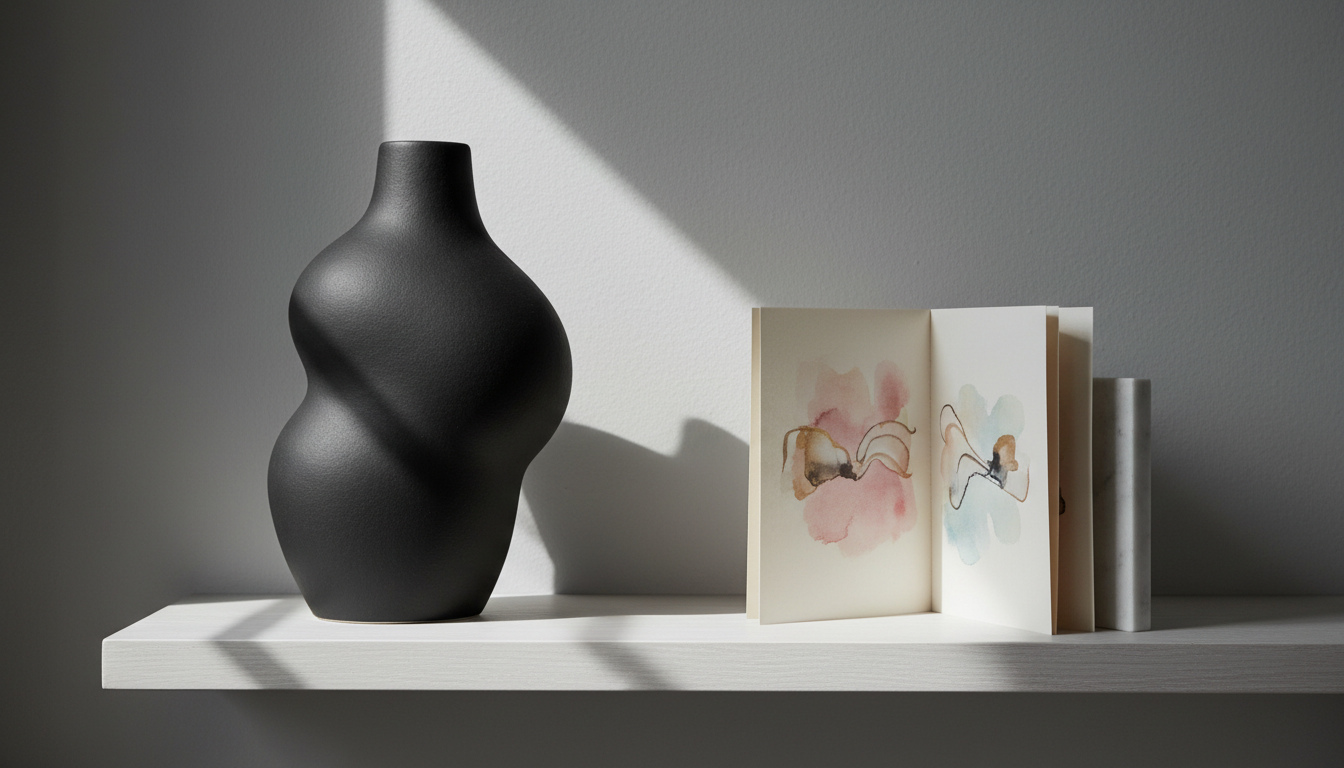 A sculptural matte black ceramic vase with an asymmetric silhouette stands prominently on a minimalist white oak shelf. The shelf is set against a subtle, mist-gray wall, accented only by a slim marble bookend and a small, open art book with delicately tinted pages. Soft, indirect daylight diffuses across the scene, giving the ceramic a velvet-like appearance and casting elegant, barely-there shadows. Photographed from a gentle side angle to highlight the vase’s unique form and negative space, the composition is sparse and contemplative, celebrating refined detail and artistic restraint in line with the store’s sophisticated personality.