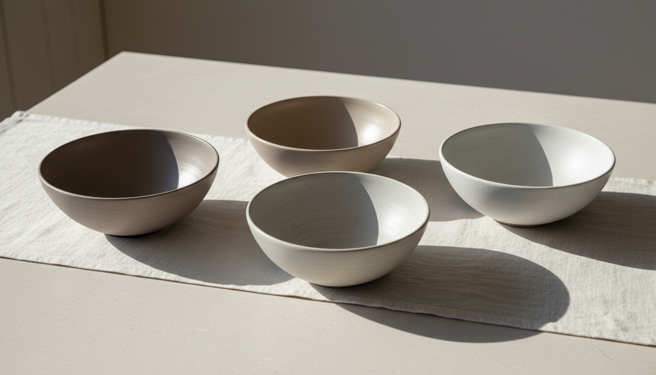 A quartet of hand-thrown stoneware bowls with tactile, matte finishes in a gradient of cool taupe and pebble grey, meticulously arranged on a smooth limestone table. Surrounding the table is a barely-there linen runner in off-white, adding understated texture. Morning light filters softly from the side, creating nuanced tonal shifts and gentle highlights while leaving soft shadows beneath each bowl. The camera captures a slightly elevated perspective, focusing tightly on the interplay of shape and surface. The overall style is quiet, refined, and minimalist, expressing the elevated yet approachable character of Arcane Home Goods.