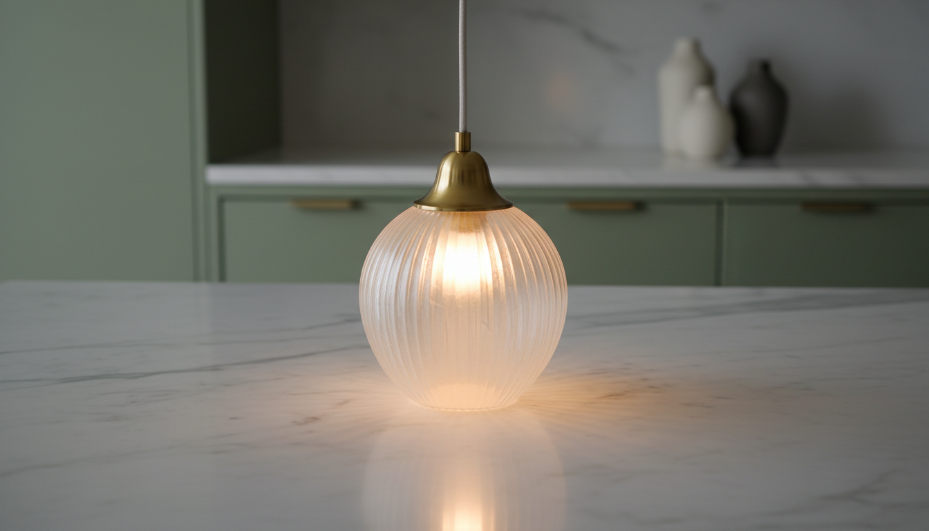 A handblown frosted glass pendant lamp with a subtle linear texture and delicate brushed gold hardware, suspended over a pale grey marble countertop. The muted background is softly blurred, featuring hints of velvety sage cabinetry and matte ceramic vases. Gentle overhead studio lighting produces a warm ambient glow within the lamp, with graceful shadows cast onto the stone surface beneath. Captured from a slightly upward angle with a shallow depth of field, the composition feels airy and uncluttered, contributing to an atmosphere of quiet luxury. The aesthetic is sophisticated and minimalist, emphasizing material quality—a perfect fit for a premium home goods store.