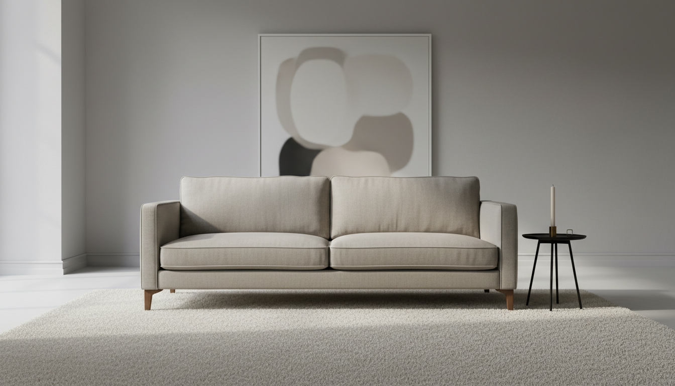 An elegant low-profile linen sofa in soft ash beige, with slender oak legs and meticulously piped seams, sits atop a textured ivory wool rug within a spacious, uncluttered living room. The backdrop features a minimalist wall with muted abstract art and a matte black metal side table holding a single taper candle. Gentle natural daylight drifts in from large unseen windows, creating a gradient of shadow while highlighting the sofa’s refined upholstery. The camera frames the setting from a wide, eye-level angle using the rule of thirds, emphasizing calm and sophisticated ambiance. Photographic realism and understated palette capture the distinctive character of Arcane Home Goods.